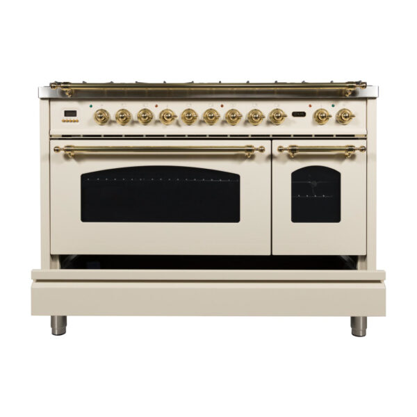 Nostalgie 48 Inch Dual Fuel Liquid Propane Freestanding Range in Antique White with Brass Trim - Image 10